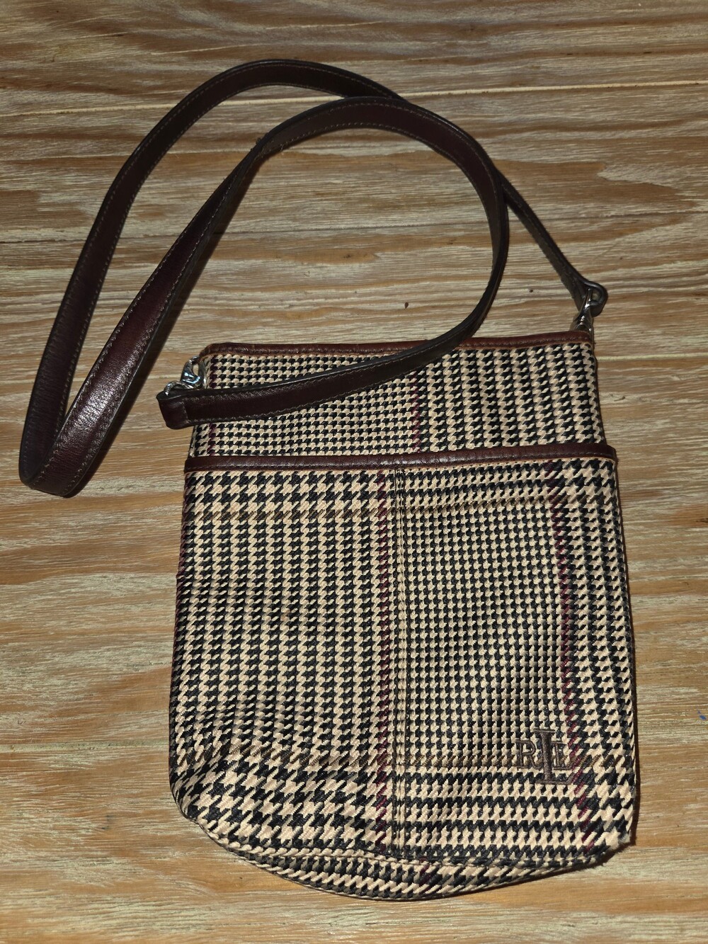 Lauren by Ralph Lauren, Houndstooth Crossbody Bag Brown Leather Strap Plaid Patt